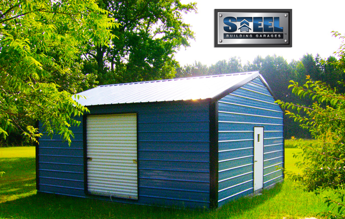Steel building garage with blue walls and black trim.