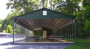 A steel building turned into a picnic pavilion.