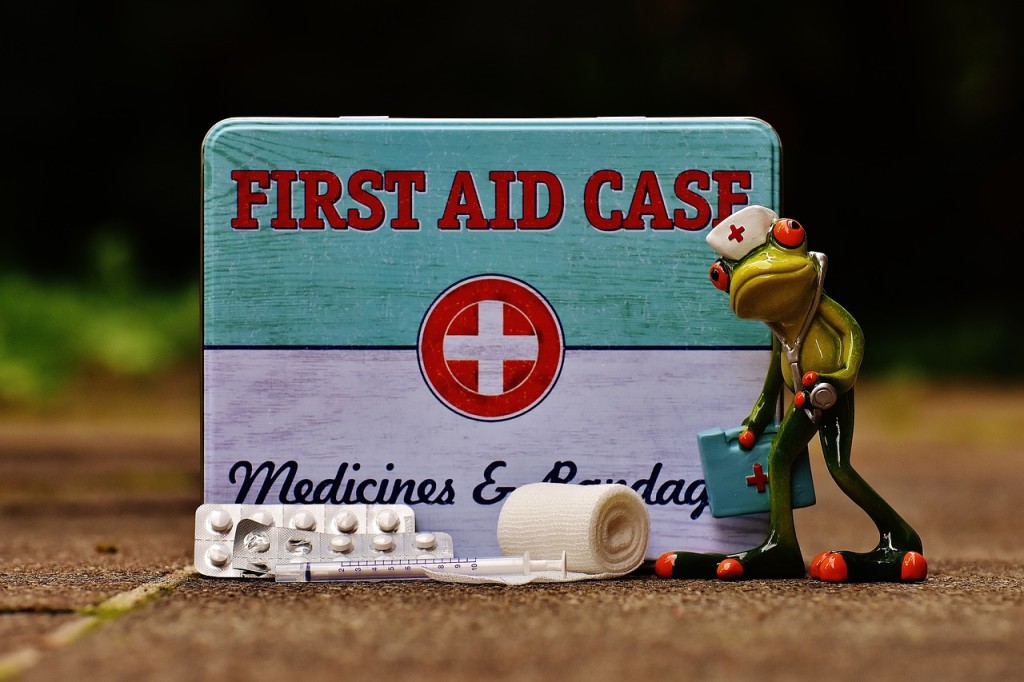 first aid kit with doctor frog holding a kit as well