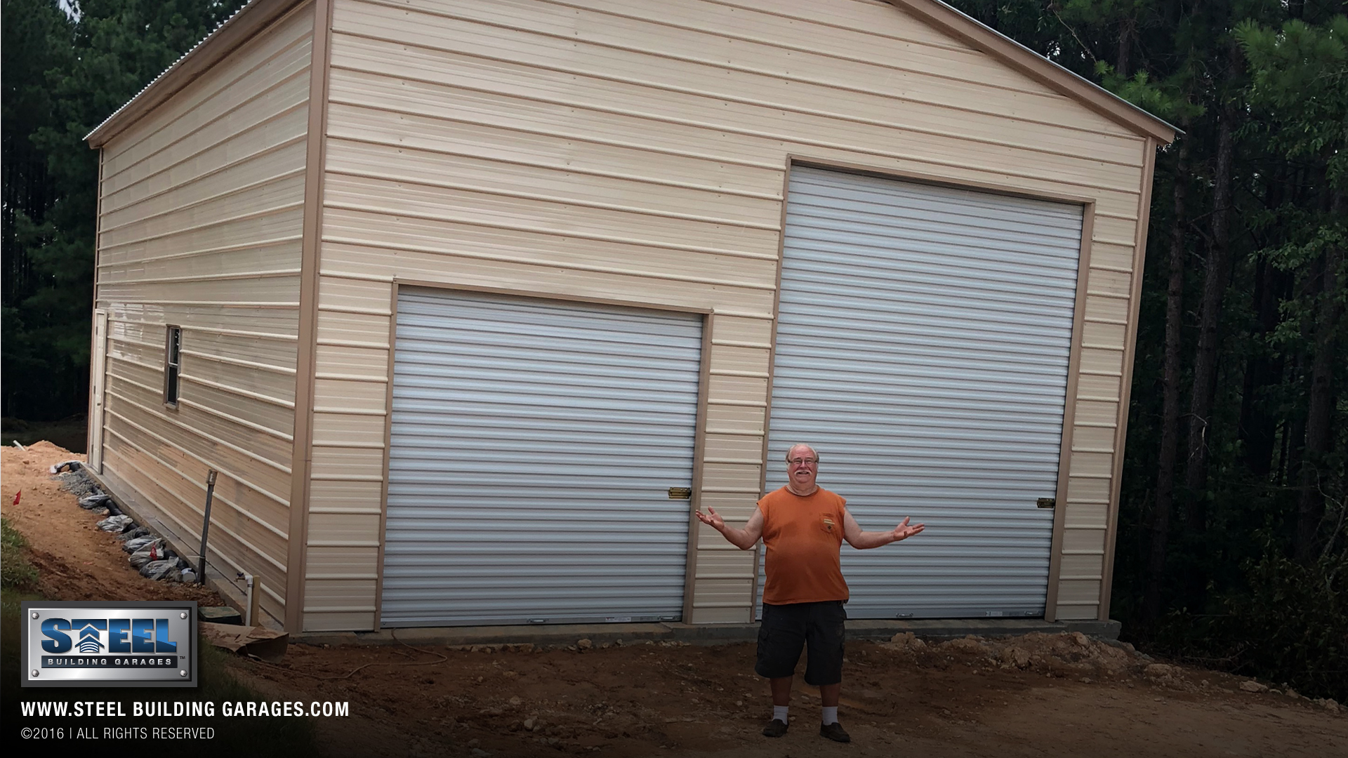 The finished garage with two different garage door sizes.