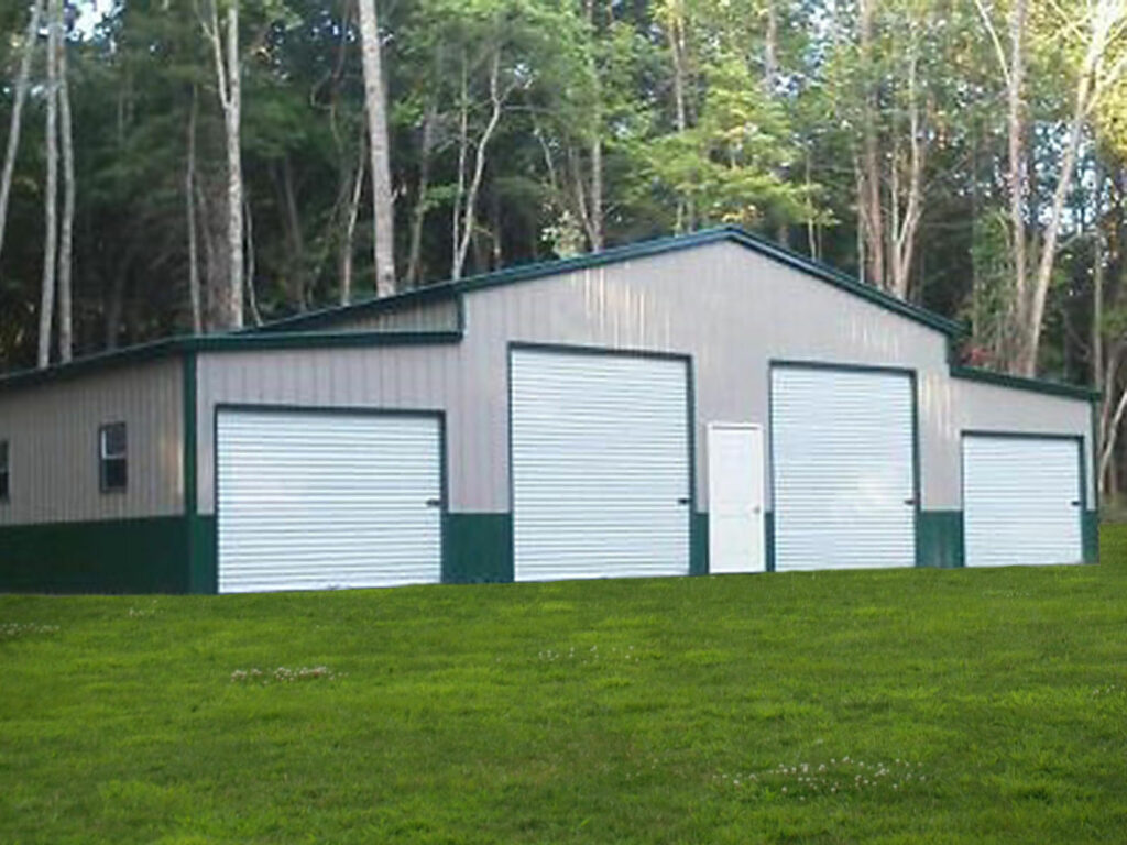 Ridgeline Barn with Wainscoat. Tan and Green metal barn with green trim and metal roofing.
